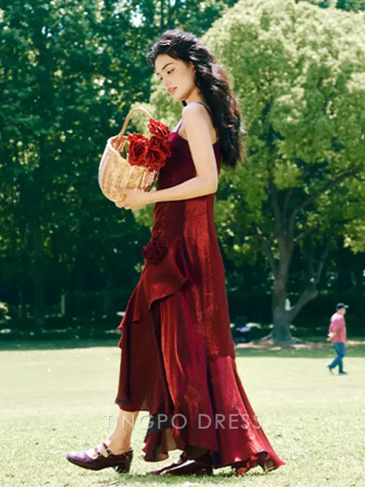 TingPo Wholesale Elegant Red Floral Mermaid Skirt Flounce Hem Summer Cami Dress